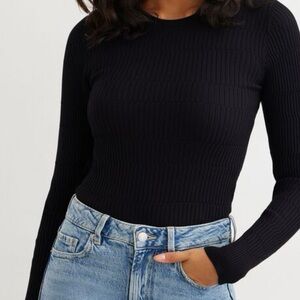 Black Ribbed Long Sleeve Sweater Top